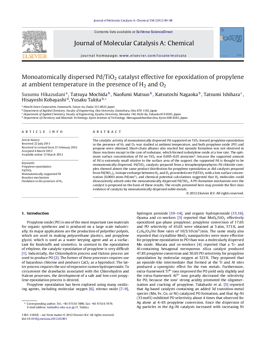 Monoatomically dispersed Pd/TiO2 catalyst effective for epoxidation of propylene at ambient temperature in the presence of H2 and O2