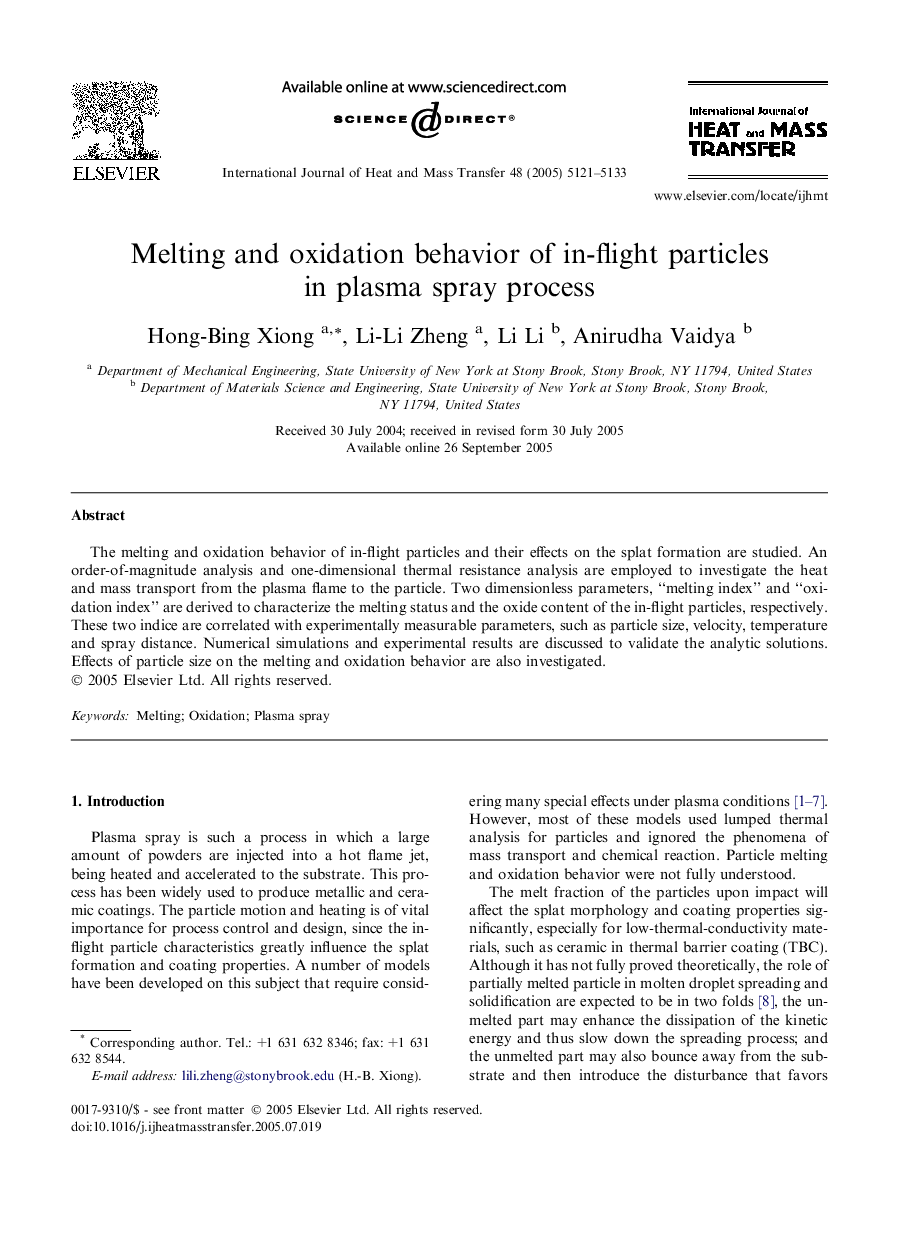 Melting and oxidation behavior of in-flight particles in plasma spray process