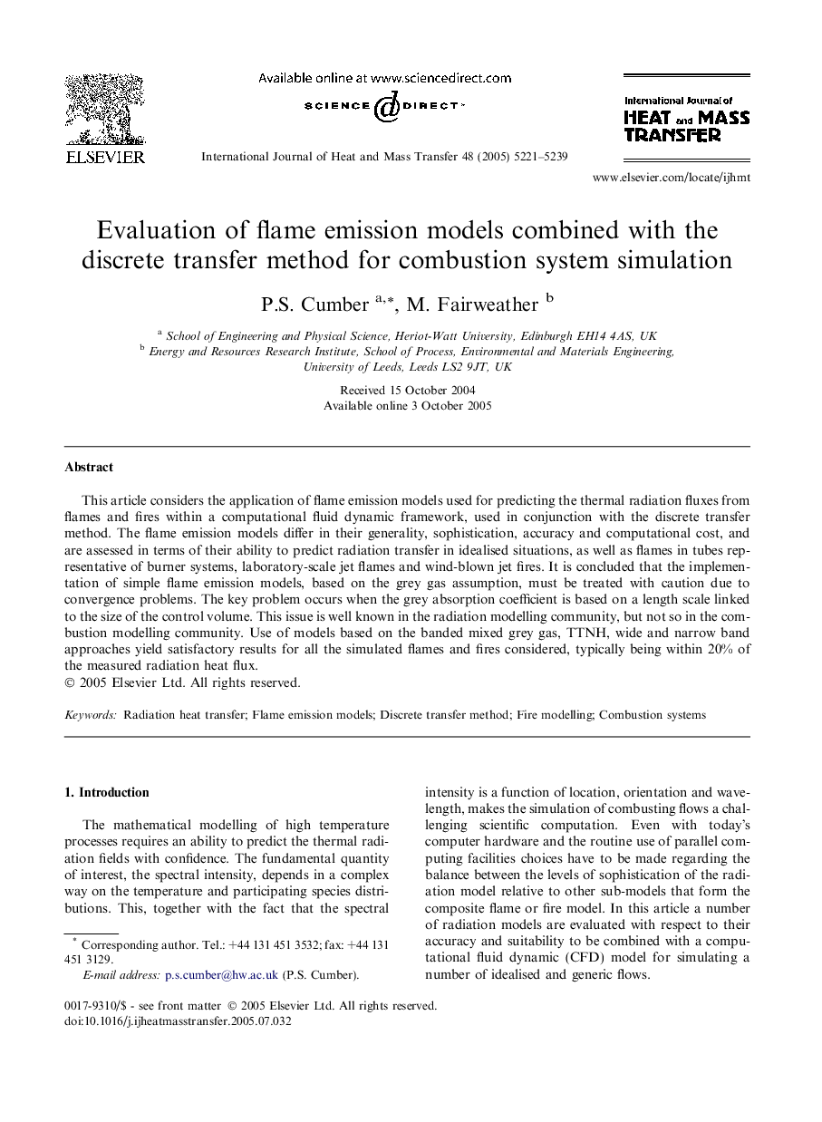 Evaluation of flame emission models combined with the discrete transfer method for combustion system simulation