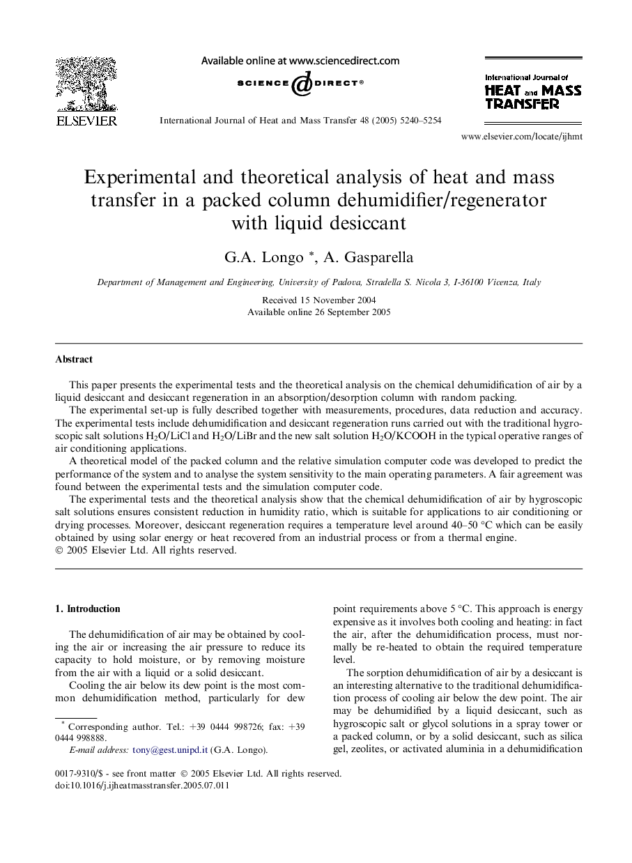 Experimental and theoretical analysis of heat and mass transfer in a packed column dehumidifier/regenerator with liquid desiccant