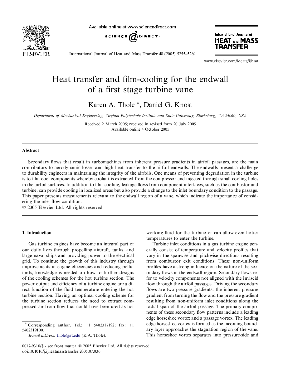 Heat transfer and film-cooling for the endwall of a first stage turbine vane