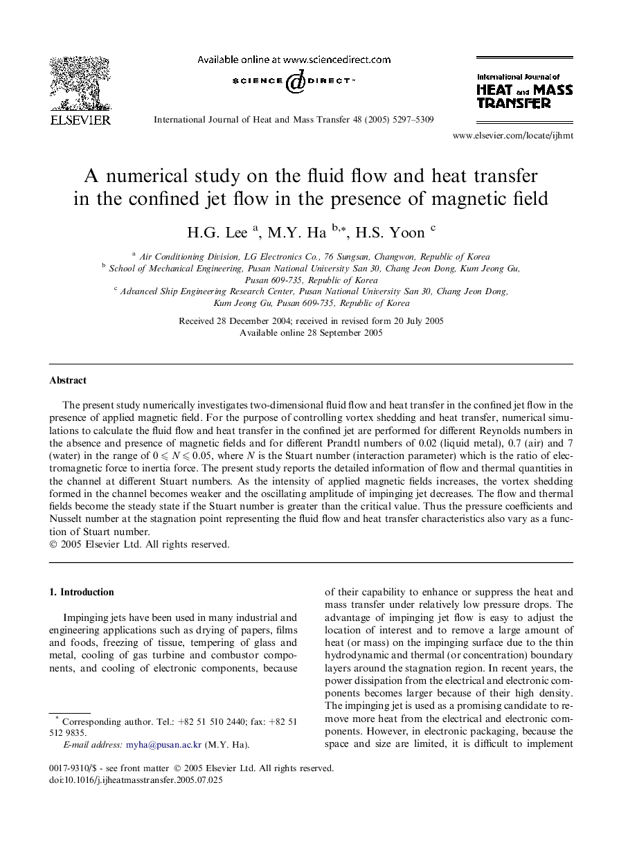 A numerical study on the fluid flow and heat transfer in the confined jet flow in the presence of magnetic field