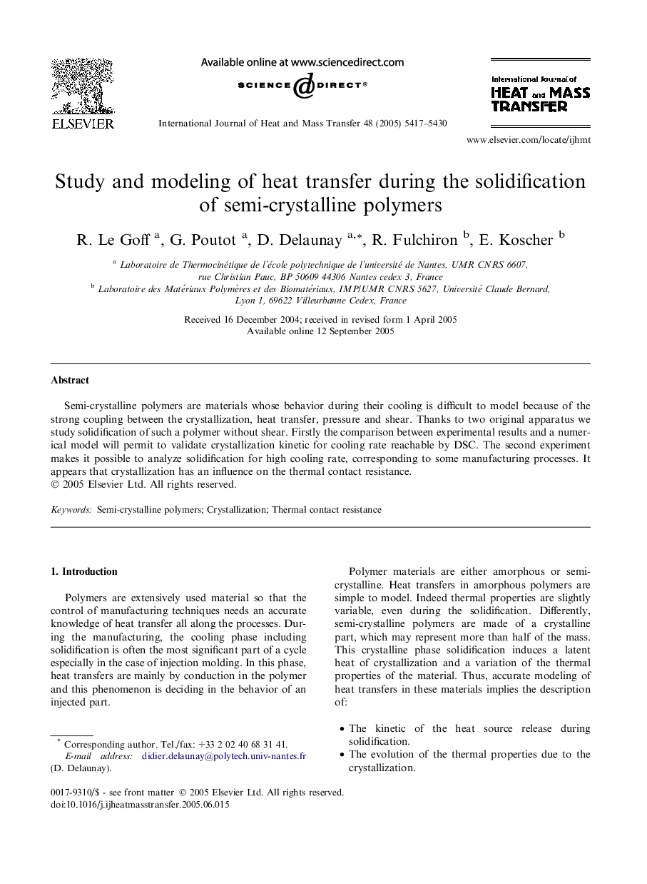 Study and modeling of heat transfer during the solidification of semi-crystalline polymers