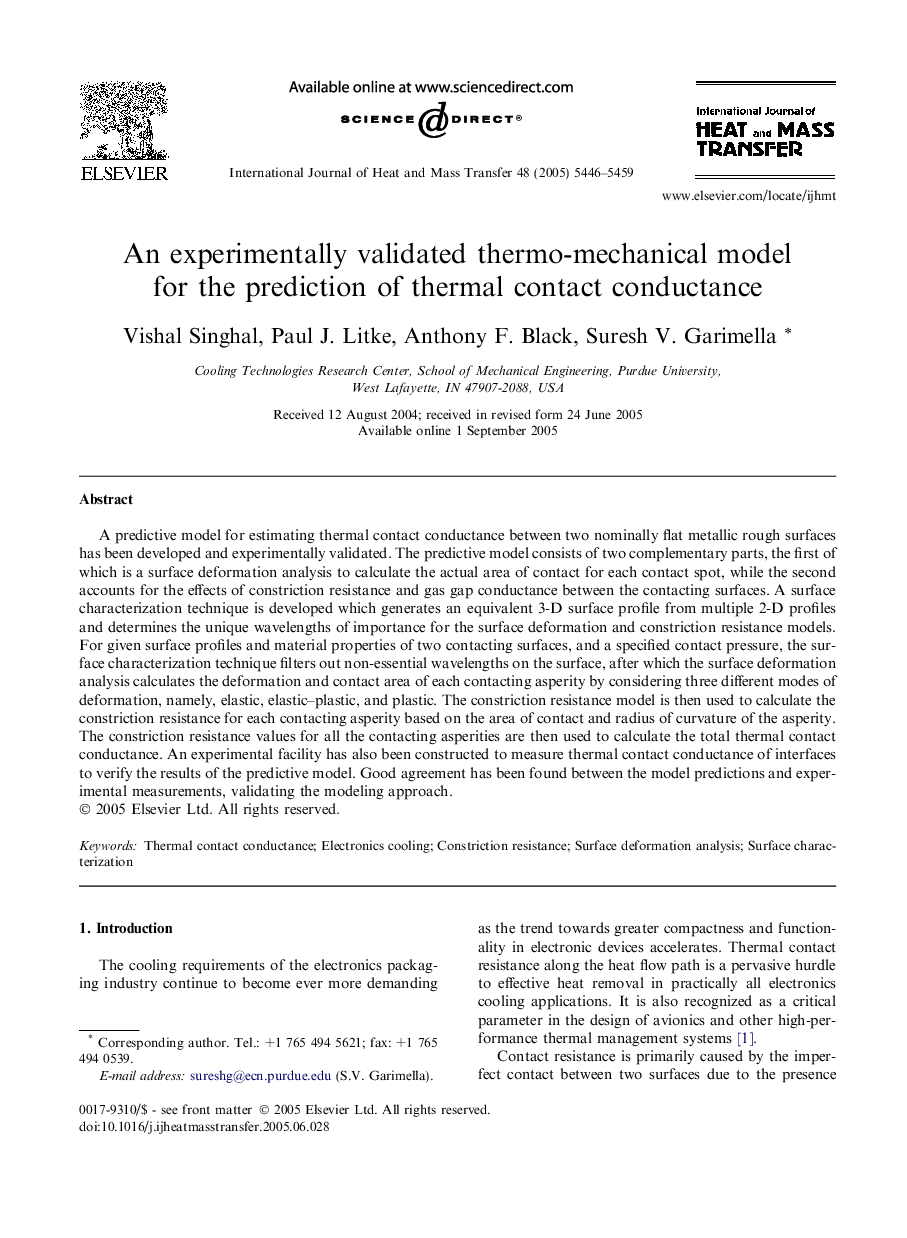 An experimentally validated thermo-mechanical model for the prediction of thermal contact conductance