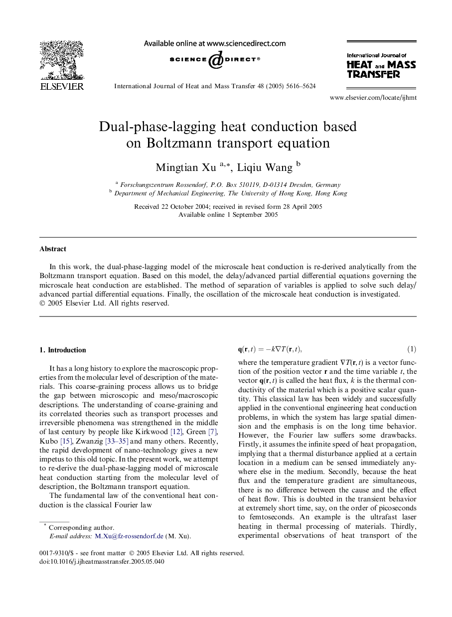 Dual-phase-lagging heat conduction based on Boltzmann transport equation