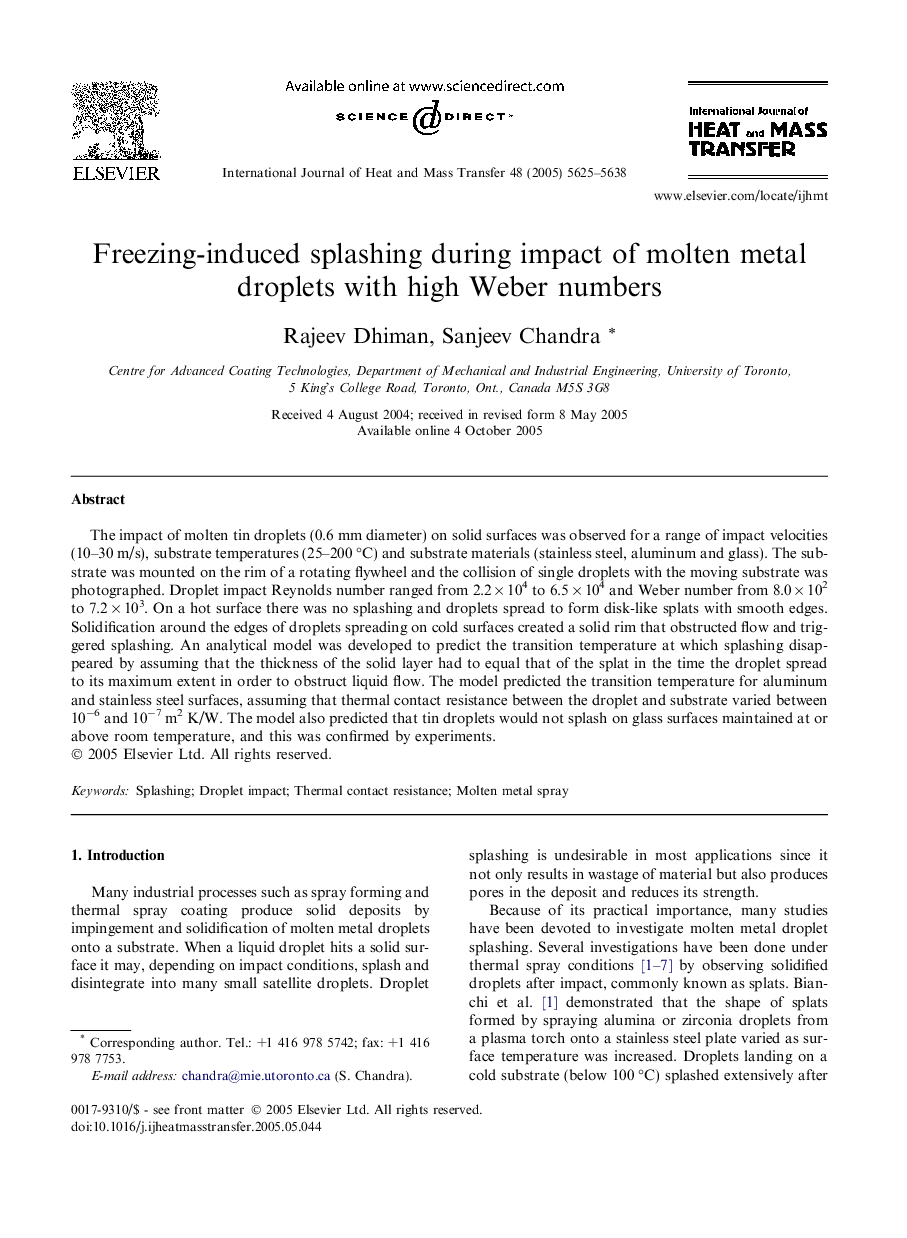 Freezing-induced splashing during impact of molten metal droplets with high Weber numbers