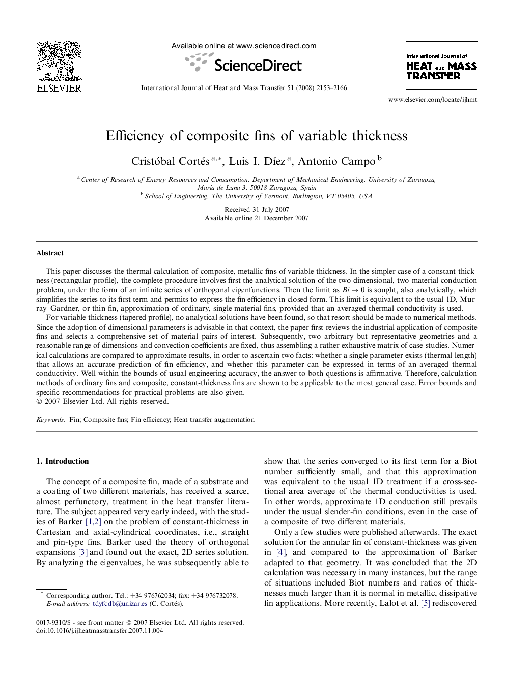 Efficiency of composite fins of variable thickness