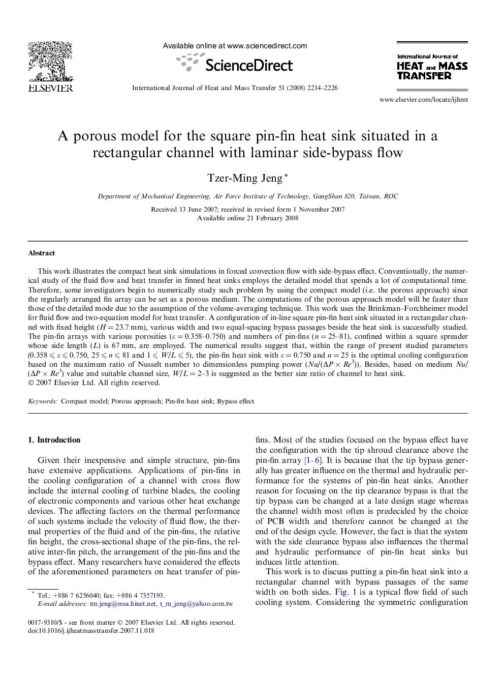 A porous model for the square pin-fin heat sink situated in a rectangular channel with laminar side-bypass flow