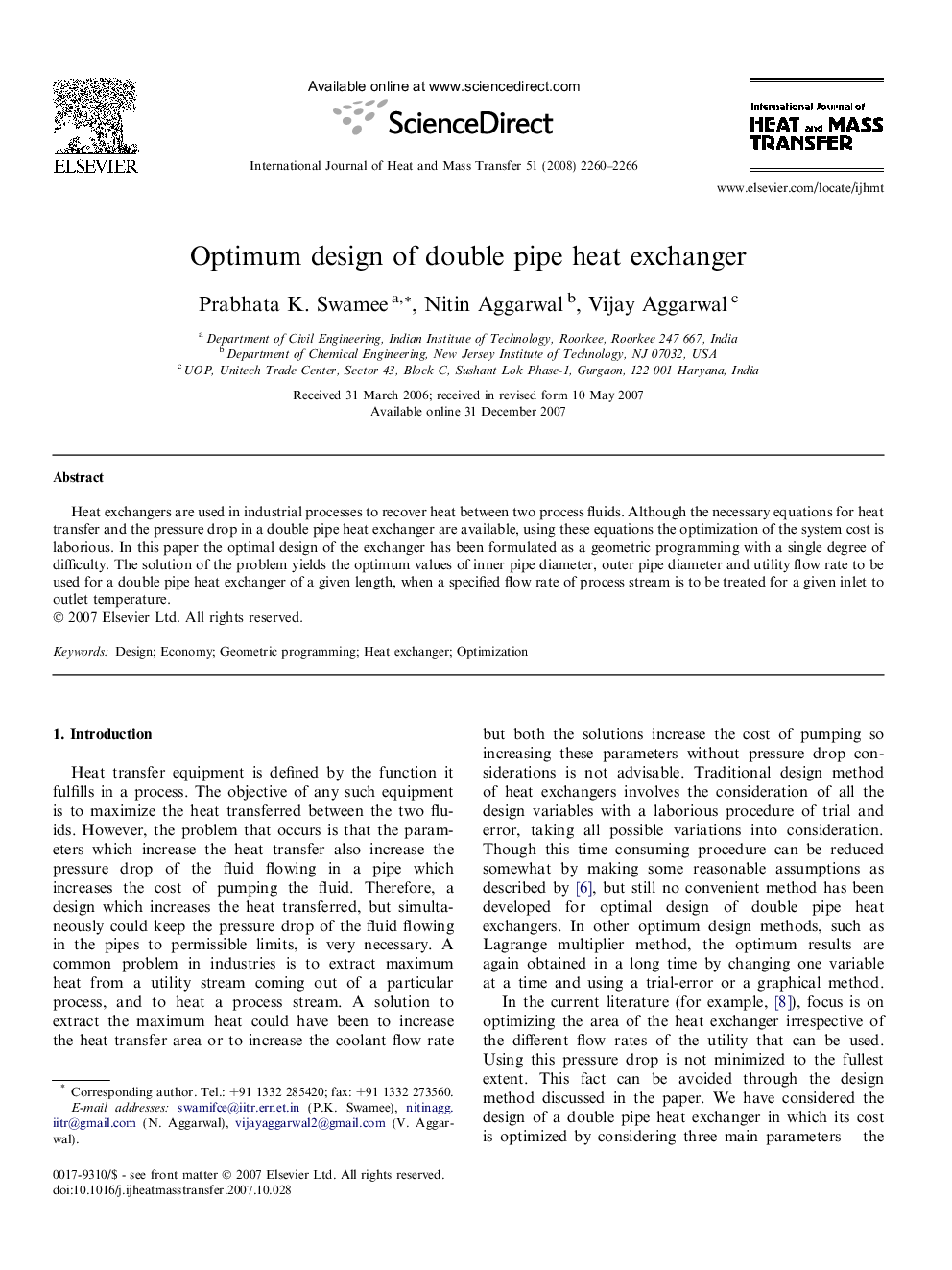 Optimum design of double pipe heat exchanger