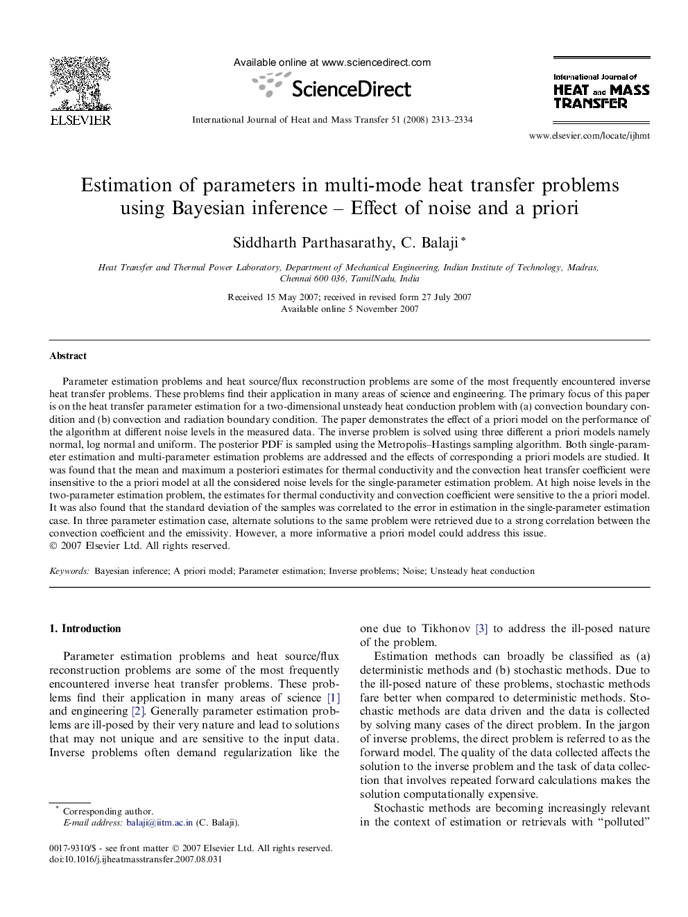 Estimation of parameters in multi-mode heat transfer problems using Bayesian inference - Effect of noise and a priori