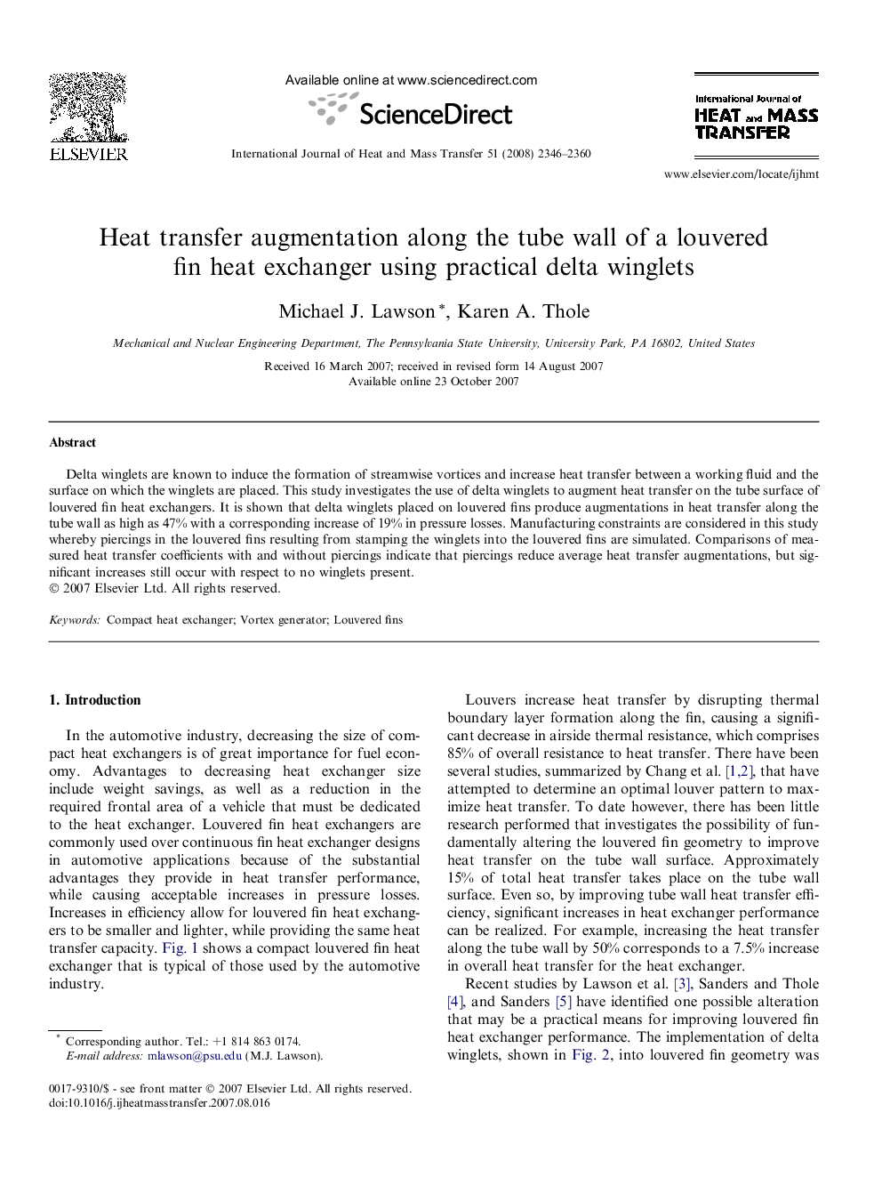 Heat transfer augmentation along the tube wall of a louvered fin heat exchanger using practical delta winglets