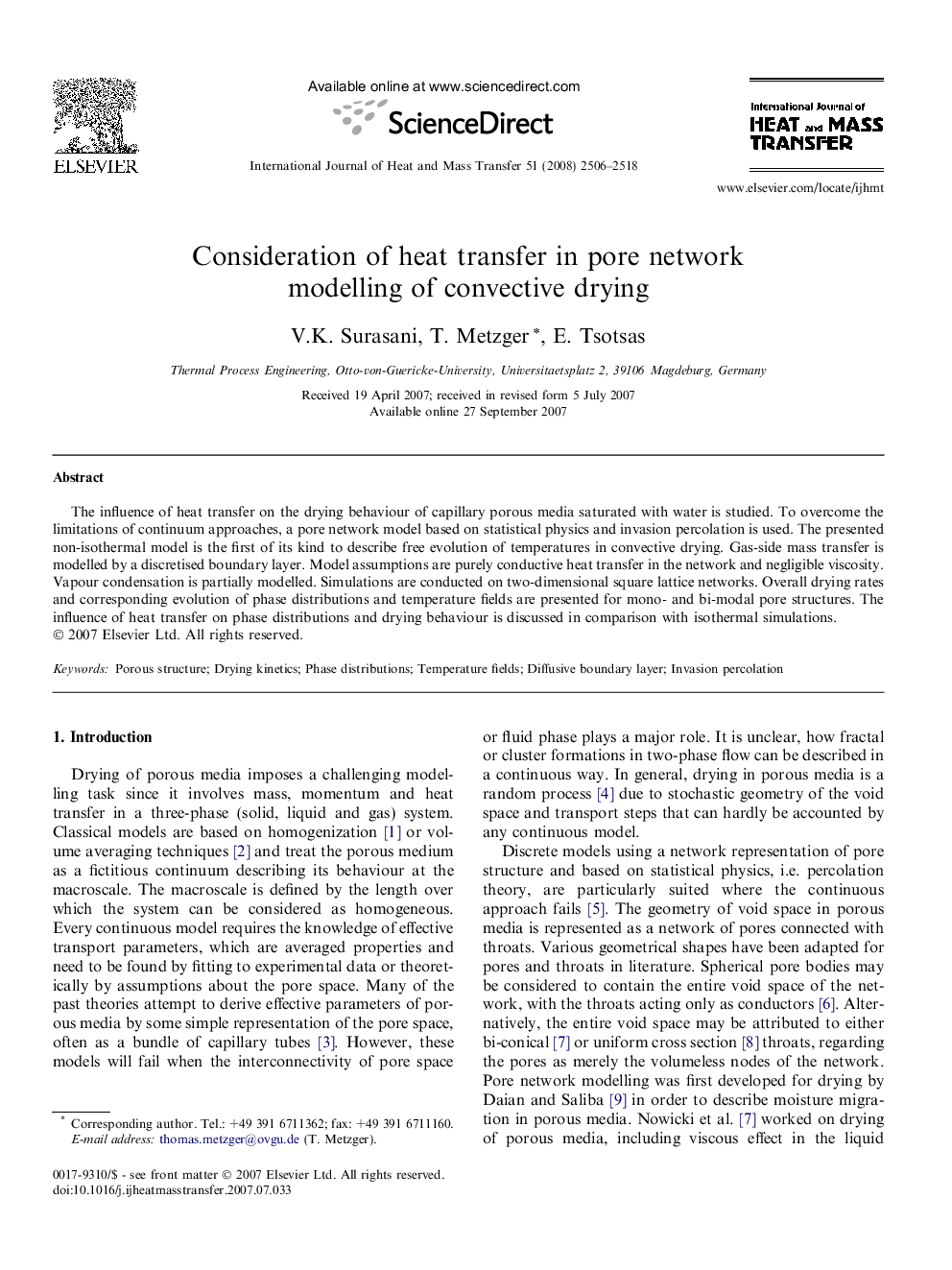 Consideration of heat transfer in pore network modelling of convective drying