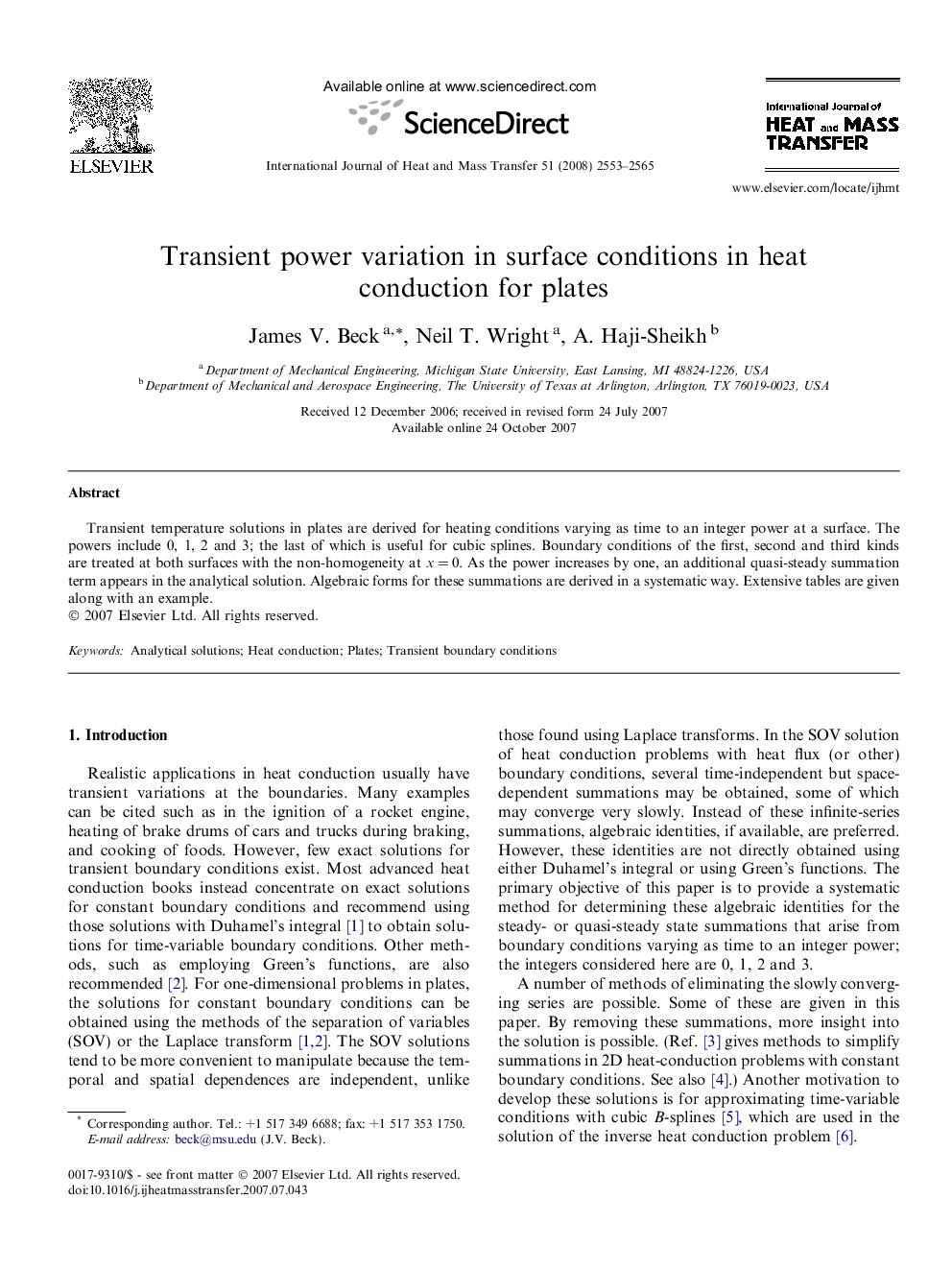 Transient power variation in surface conditions in heat conduction for plates