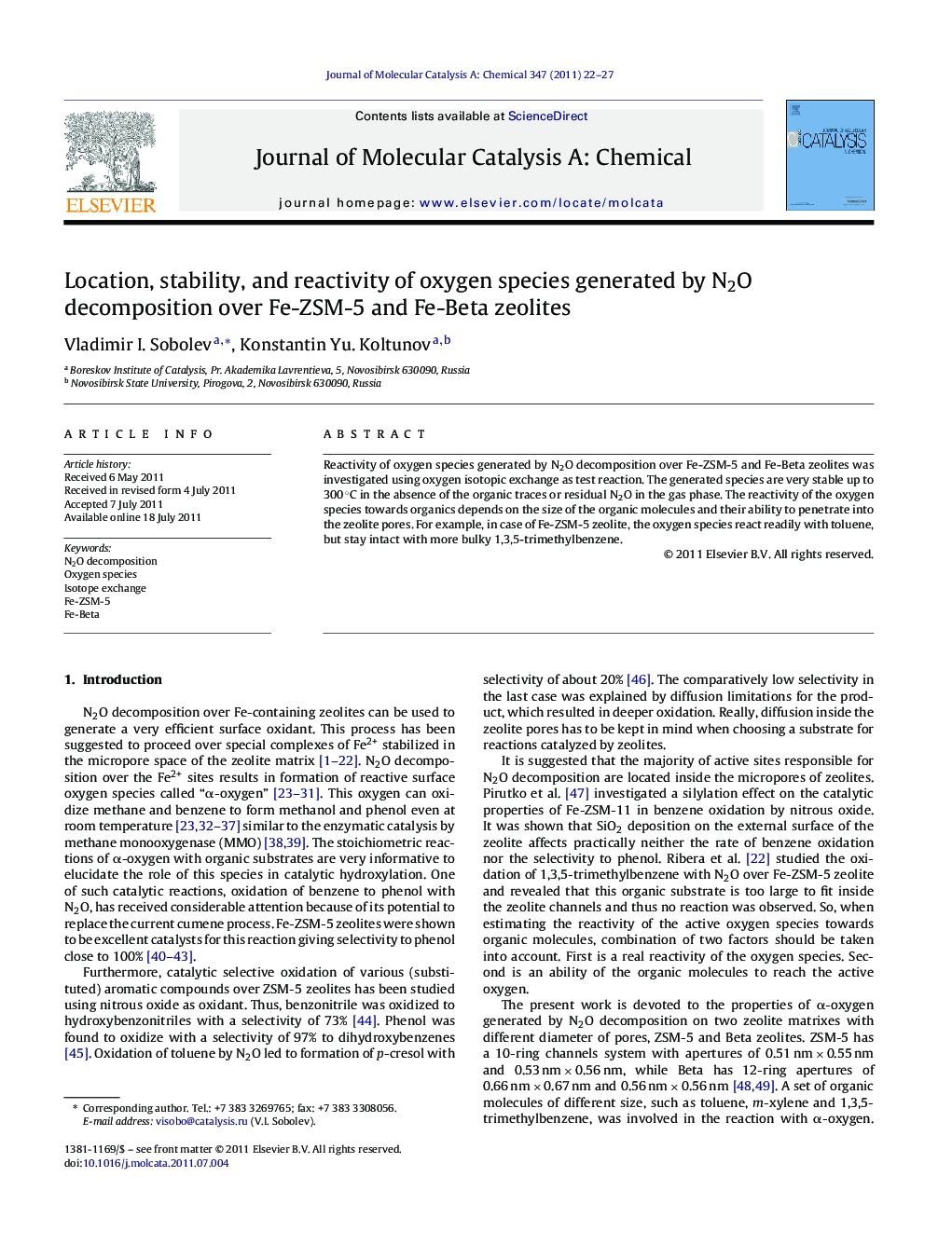 Location, stability, and reactivity of oxygen species generated by N2O decomposition over Fe-ZSM-5 and Fe-Beta zeolites