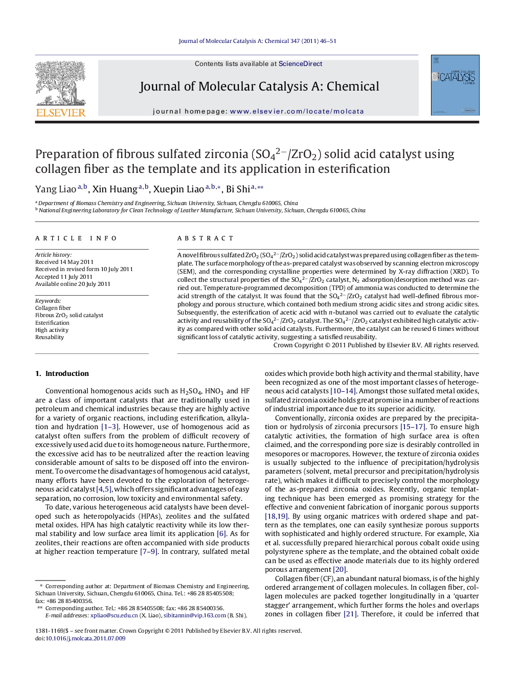 Preparation of fibrous sulfated zirconia (SO42−/ZrO2) solid acid catalyst using collagen fiber as the template and its application in esterification