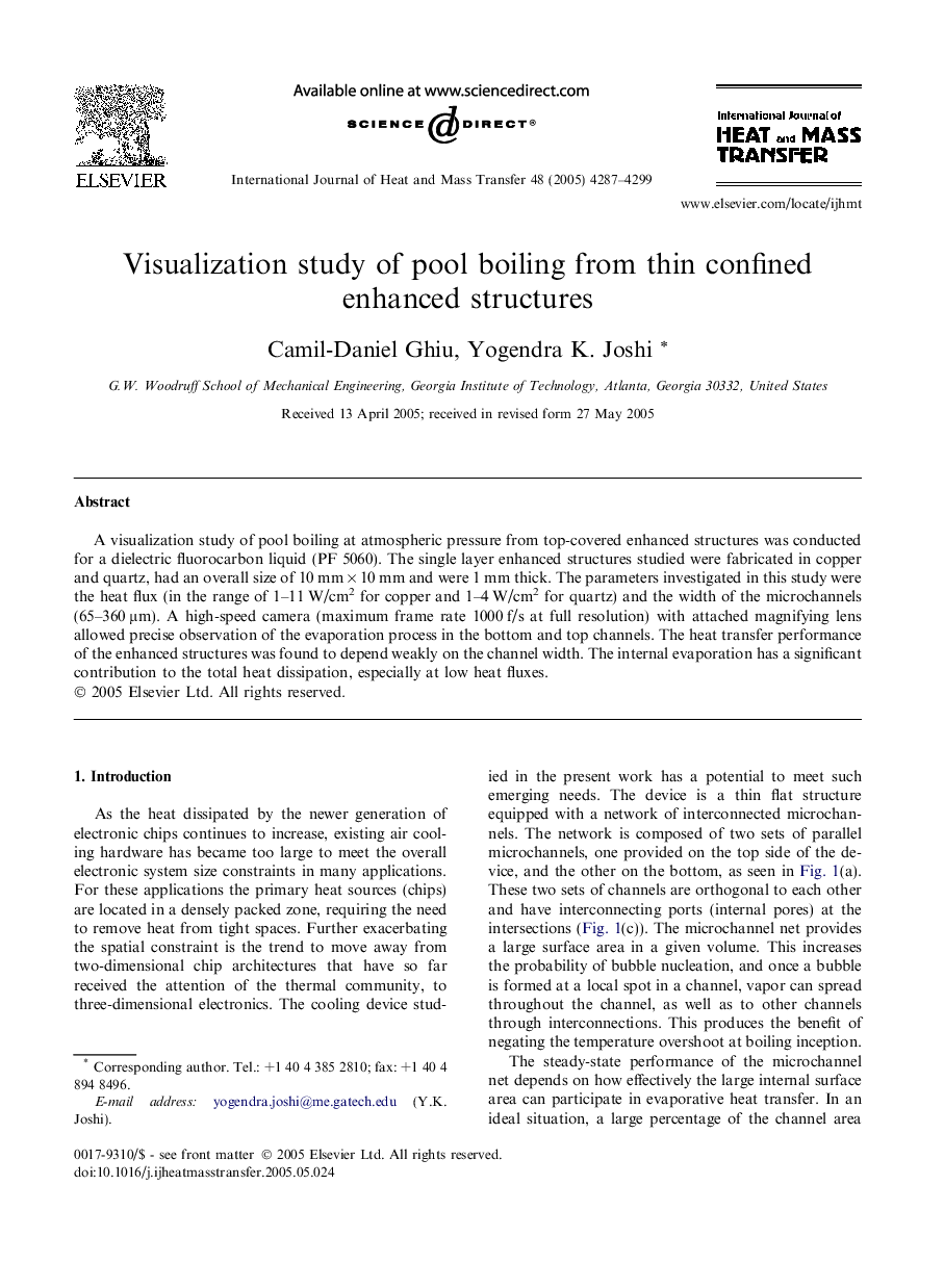 Visualization study of pool boiling from thin confined enhanced structures