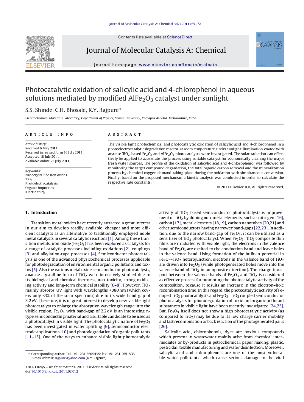 Photocatalytic oxidation of salicylic acid and 4-chlorophenol in aqueous solutions mediated by modified AlFe2O3 catalyst under sunlight