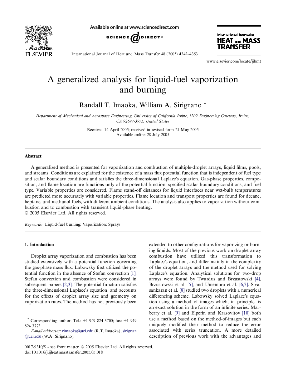 A generalized analysis for liquid-fuel vaporization and burning