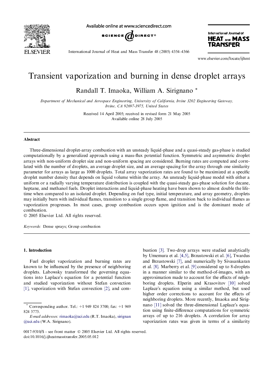 Transient vaporization and burning in dense droplet arrays