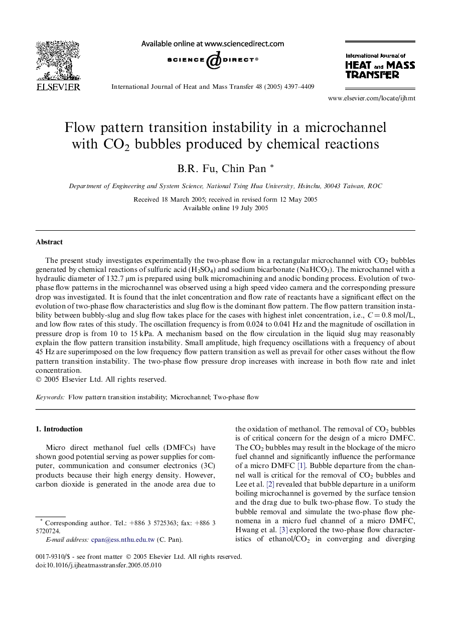 Flow pattern transition instability in a microchannel with CO2 bubbles produced by chemical reactions