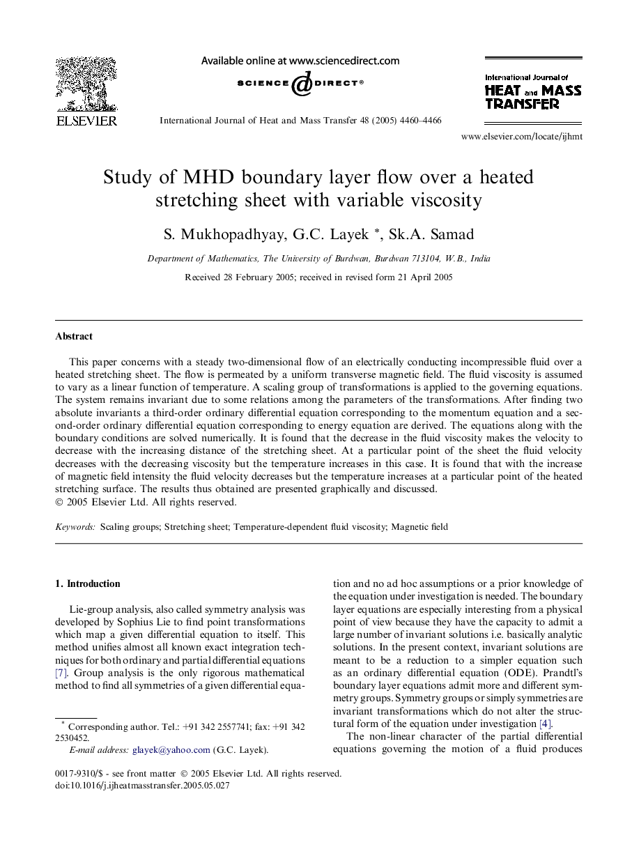 Study of MHD boundary layer flow over a heated stretching sheet with variable viscosity