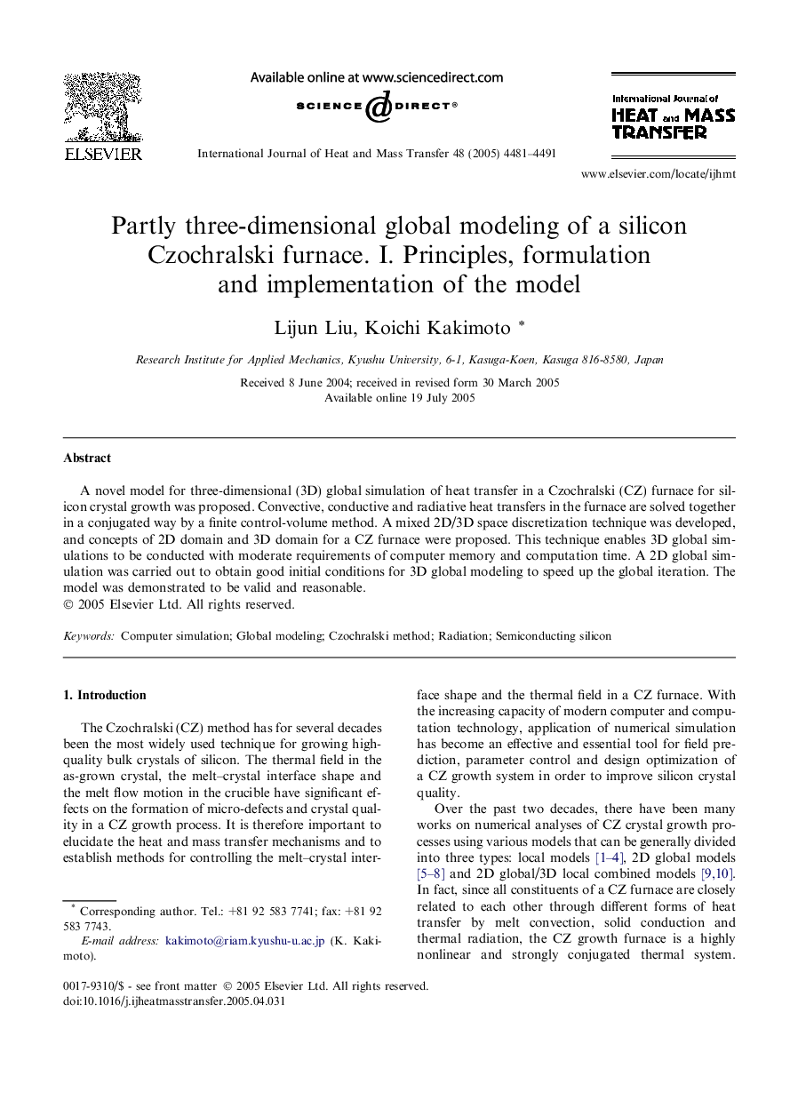 Partly three-dimensional global modeling of a silicon Czochralski furnace. I. Principles, formulation and implementation of the model