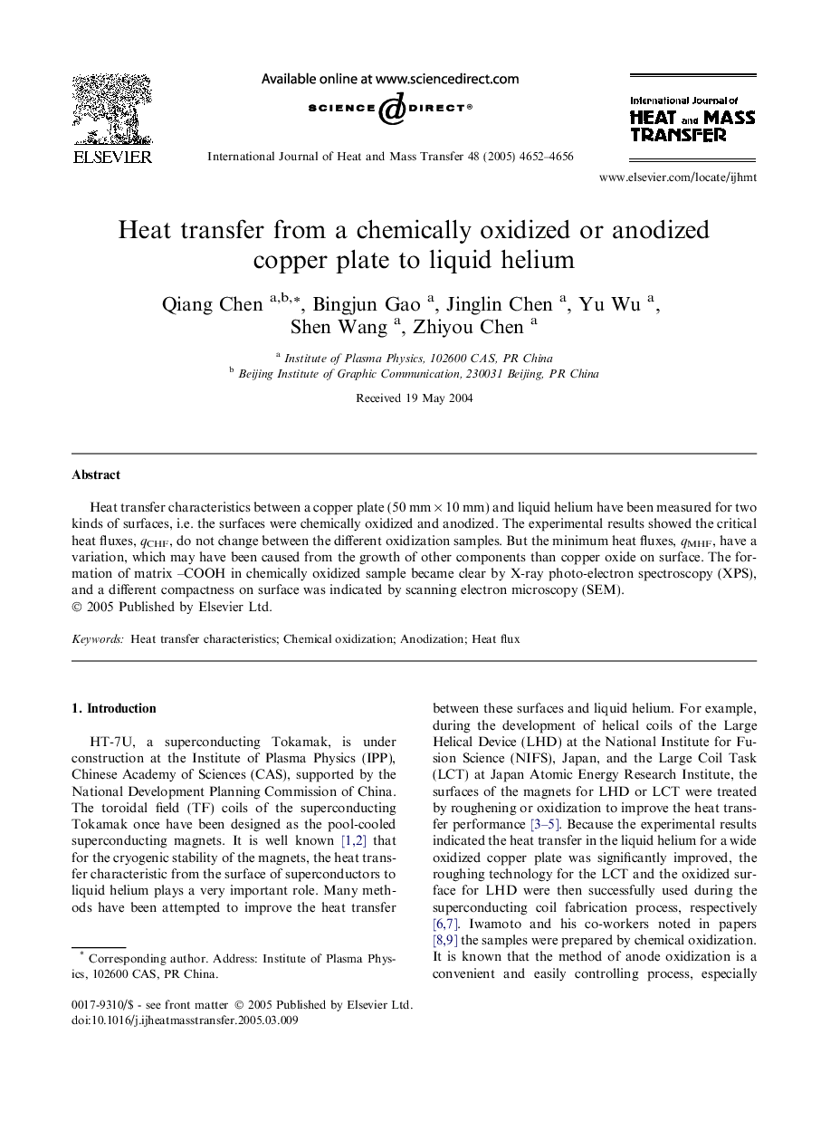 Heat transfer from a chemically oxidized or anodized copper plate to liquid helium