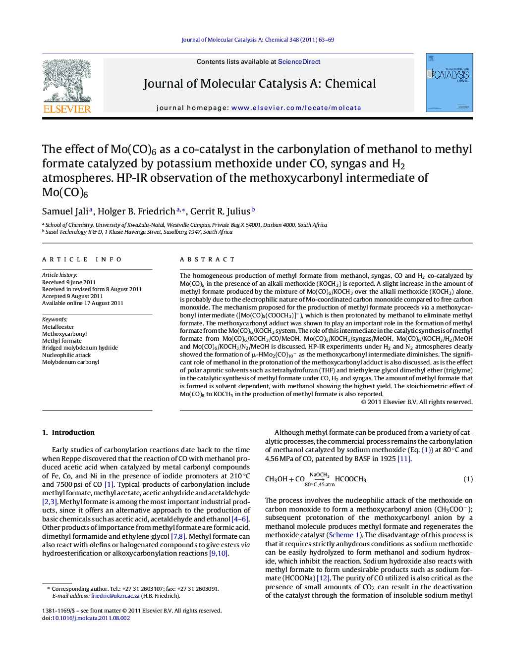 The effect of Mo(CO)6 as a co-catalyst in the carbonylation of methanol to methyl formate catalyzed by potassium methoxide under CO, syngas and H2 atmospheres. HP-IR observation of the methoxycarbonyl intermediate of Mo(CO)6