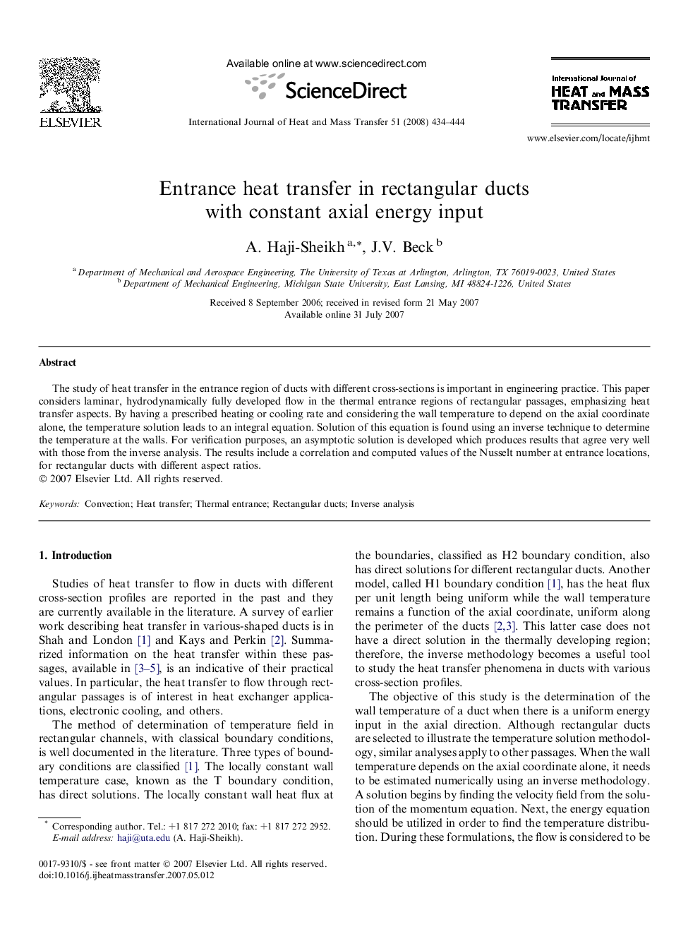 Entrance heat transfer in rectangular ducts with constant axial energy input