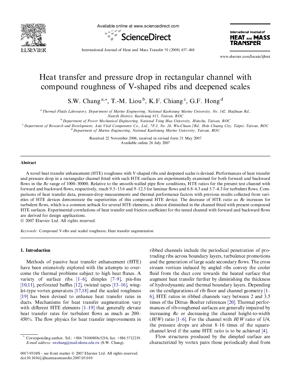 Heat transfer and pressure drop in rectangular channel with compound roughness of V-shaped ribs and deepened scales