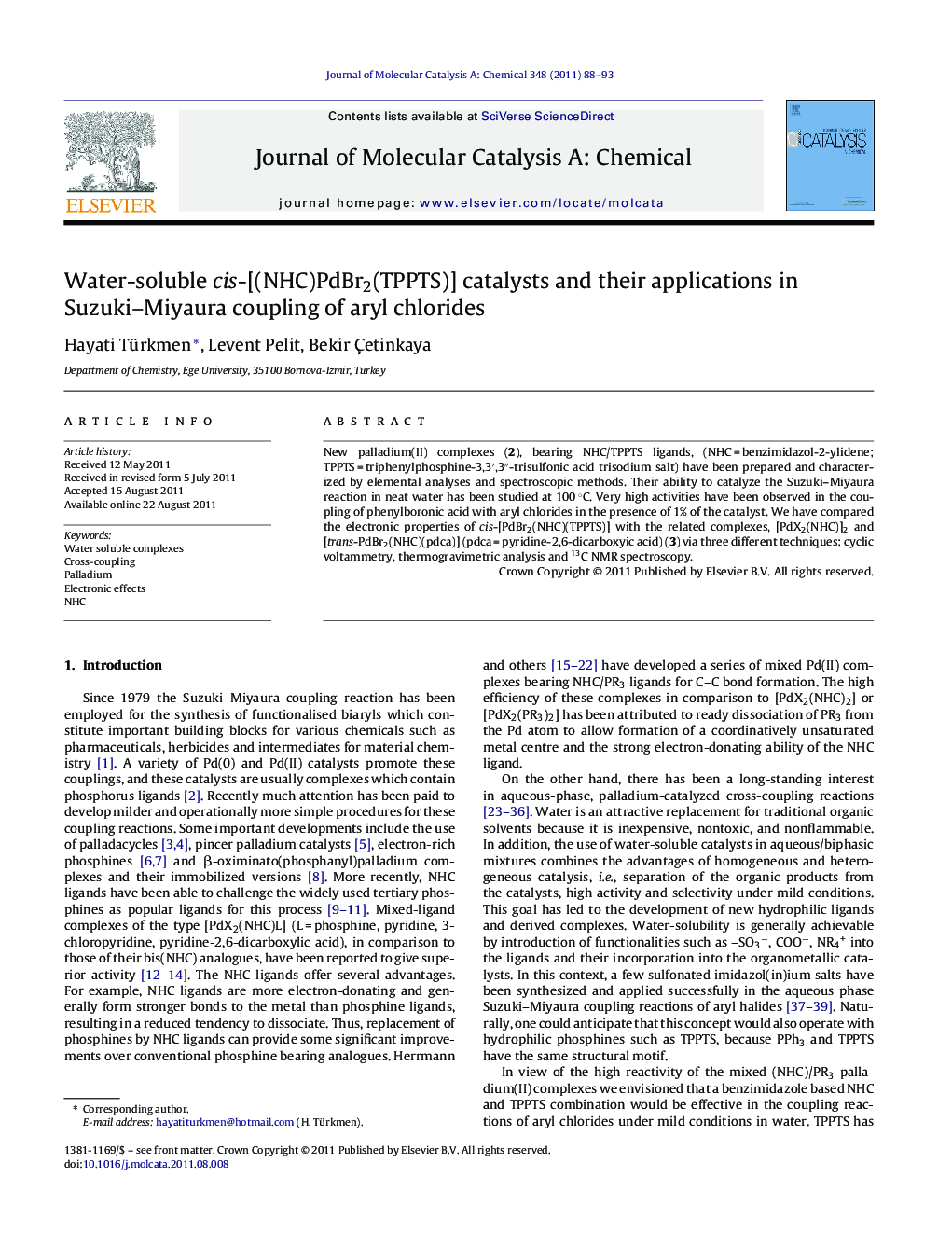 Water-soluble cis-[(NHC)PdBr2(TPPTS)] catalysts and their applications in Suzuki–Miyaura coupling of aryl chlorides