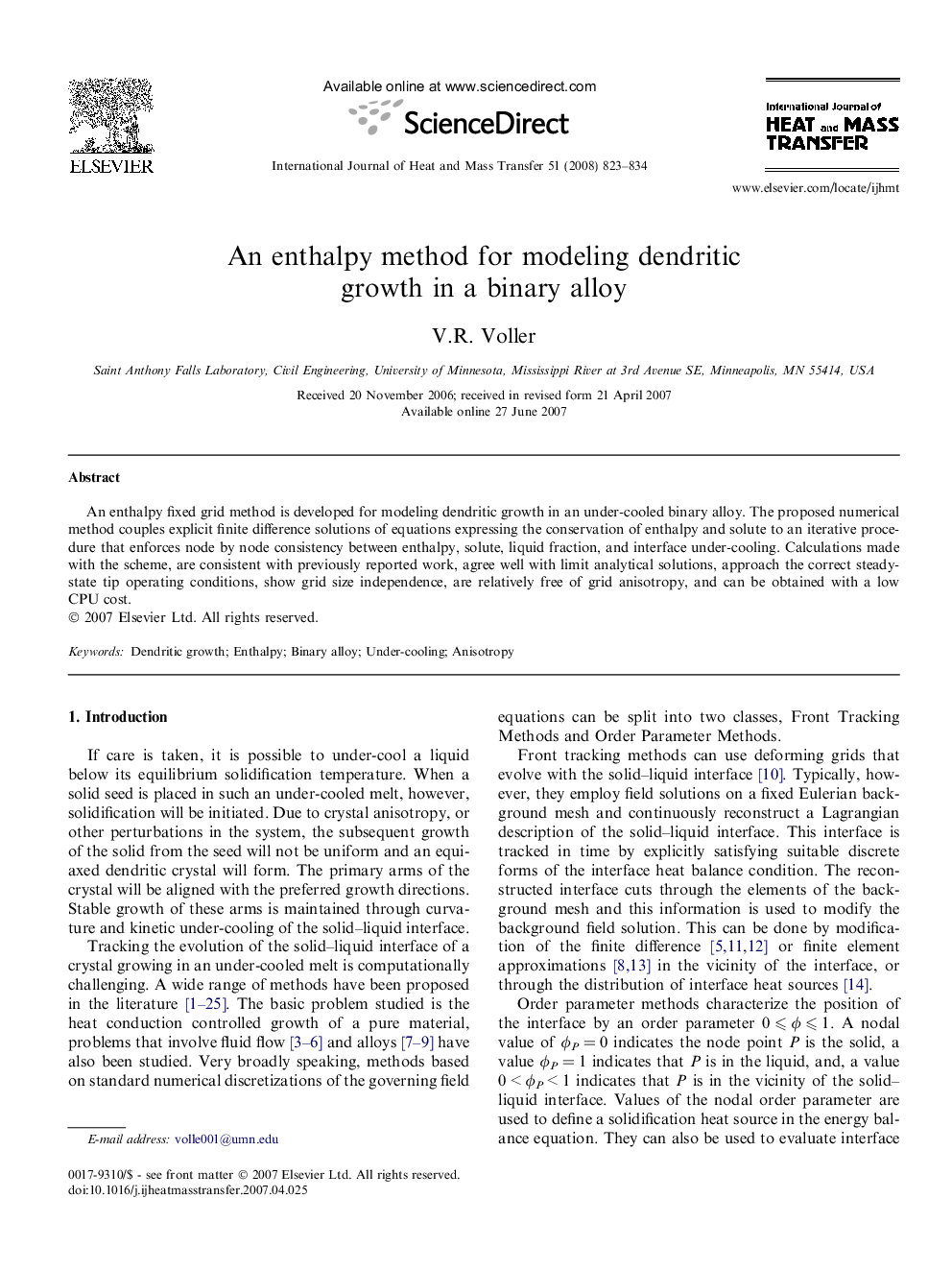 An enthalpy method for modeling dendritic growth in a binary alloy