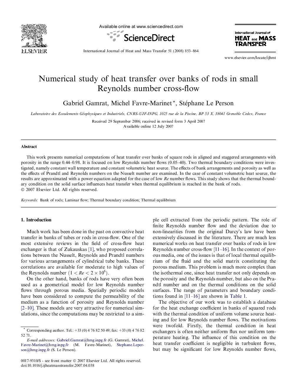 Numerical study of heat transfer over banks of rods in small Reynolds number cross-flow