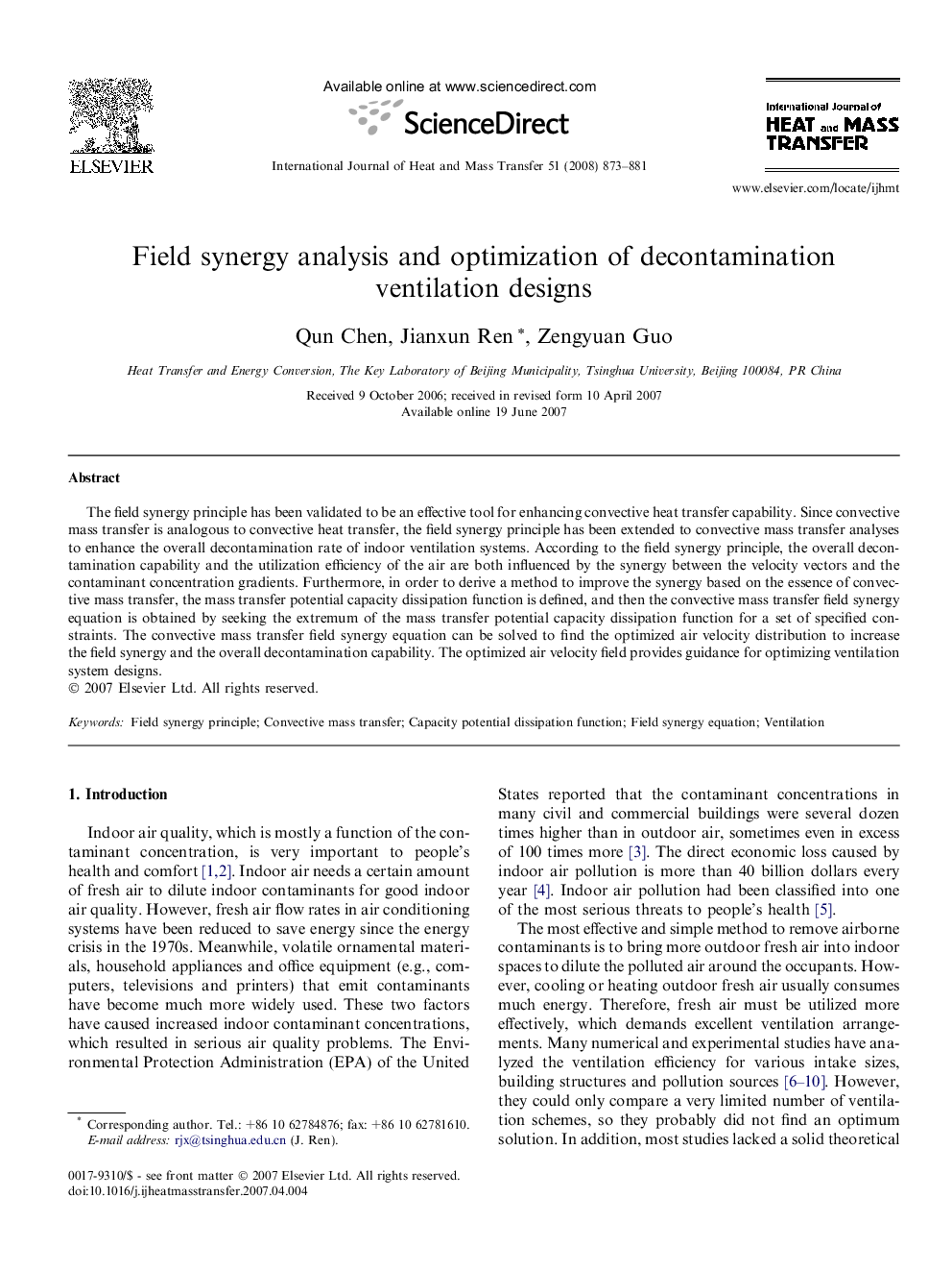 Field synergy analysis and optimization of decontamination ventilation designs