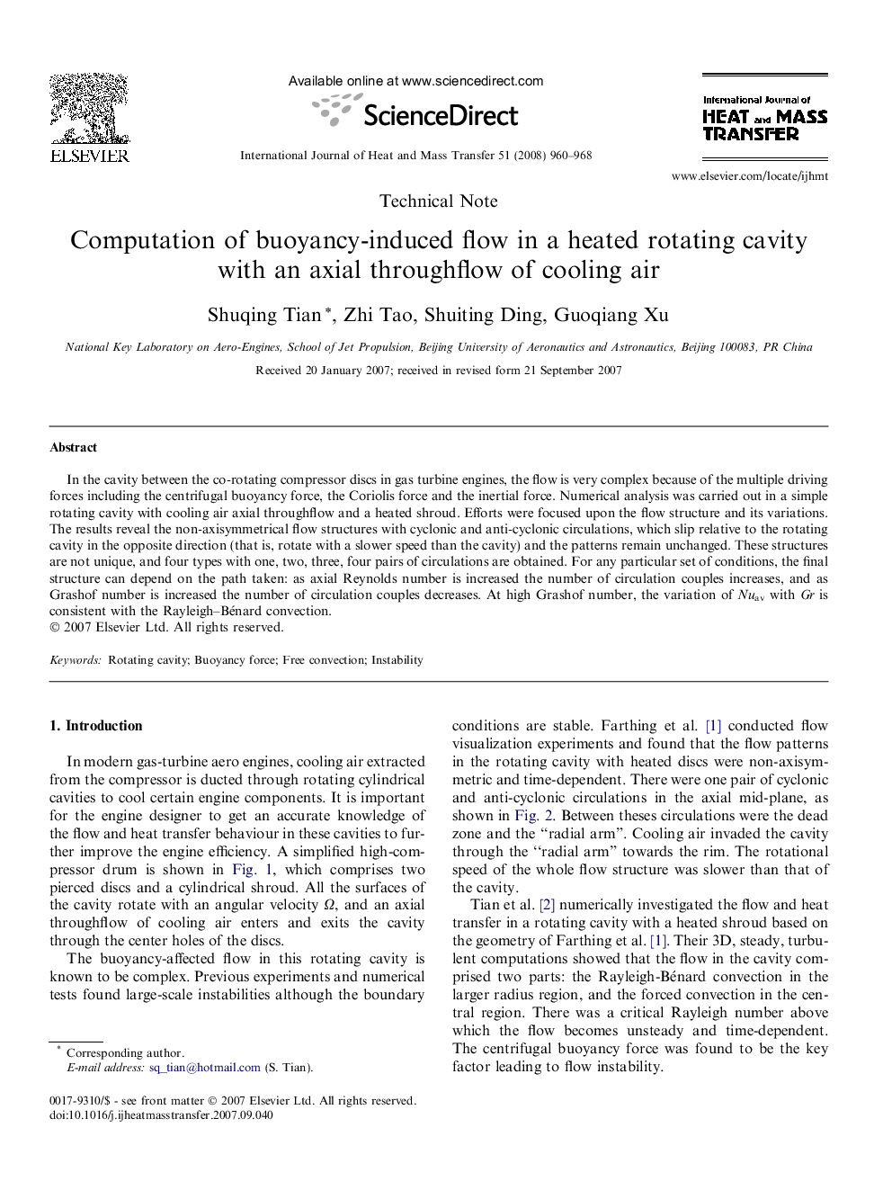 Computation of buoyancy-induced flow in a heated rotating cavity with an axial throughflow of cooling air