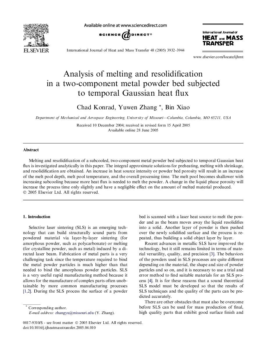 Analysis of melting and resolidification in a two-component metal powder bed subjected to temporal Gaussian heat flux