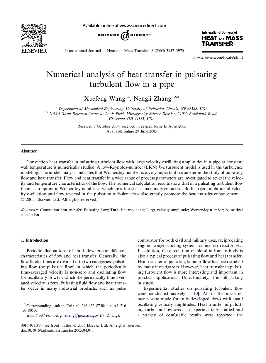 Numerical analysis of heat transfer in pulsating turbulent flow in a pipe