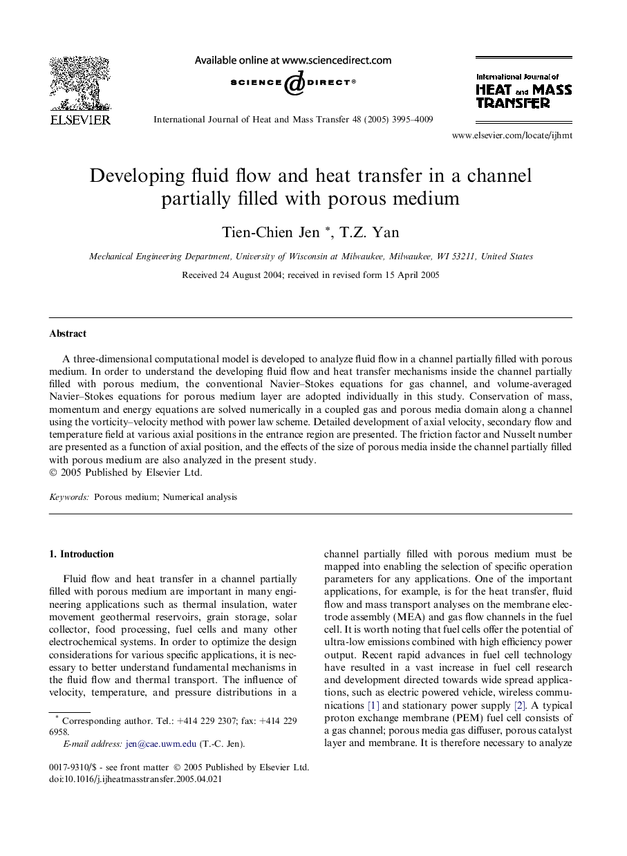 Developing fluid flow and heat transfer in a channel partially filled with porous medium