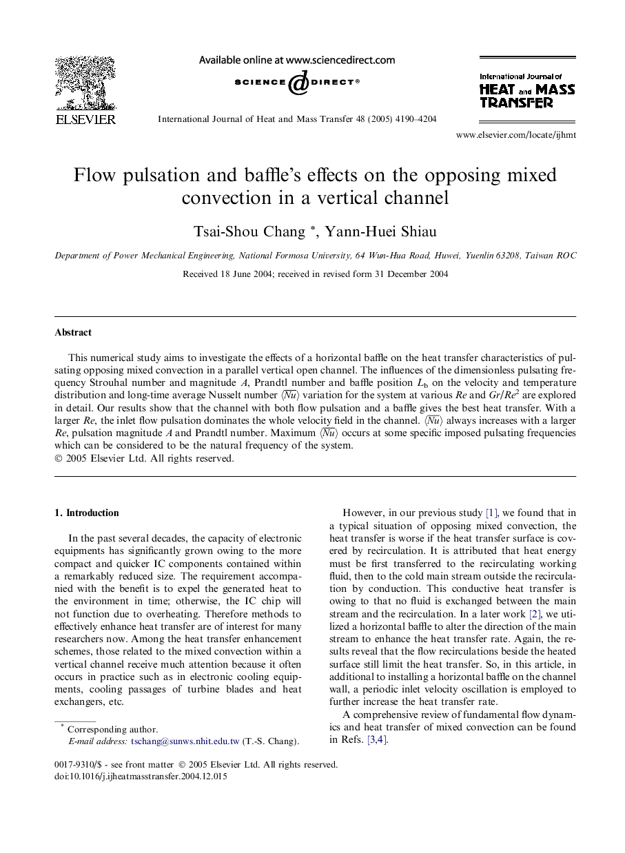 Flow pulsation and baffle’s effects on the opposing mixed convection in a vertical channel