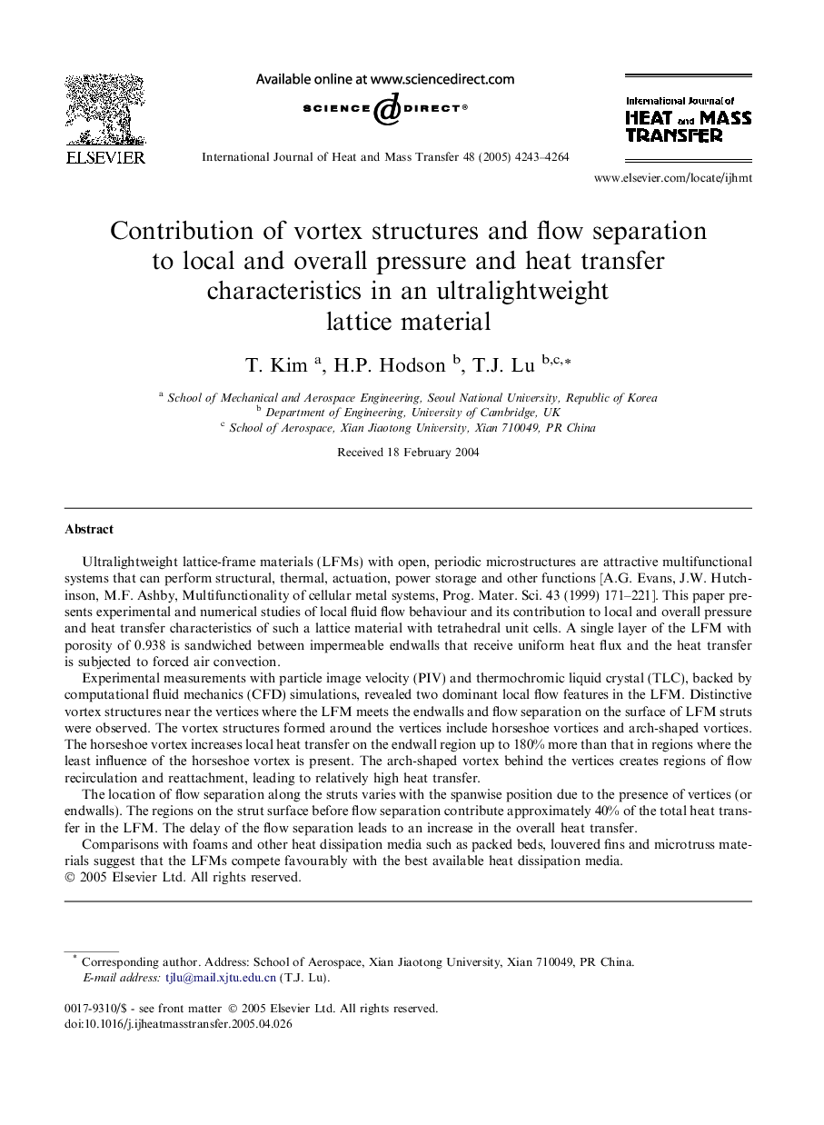 Contribution of vortex structures and flow separation to local and overall pressure and heat transfer characteristics in an ultralightweight lattice material