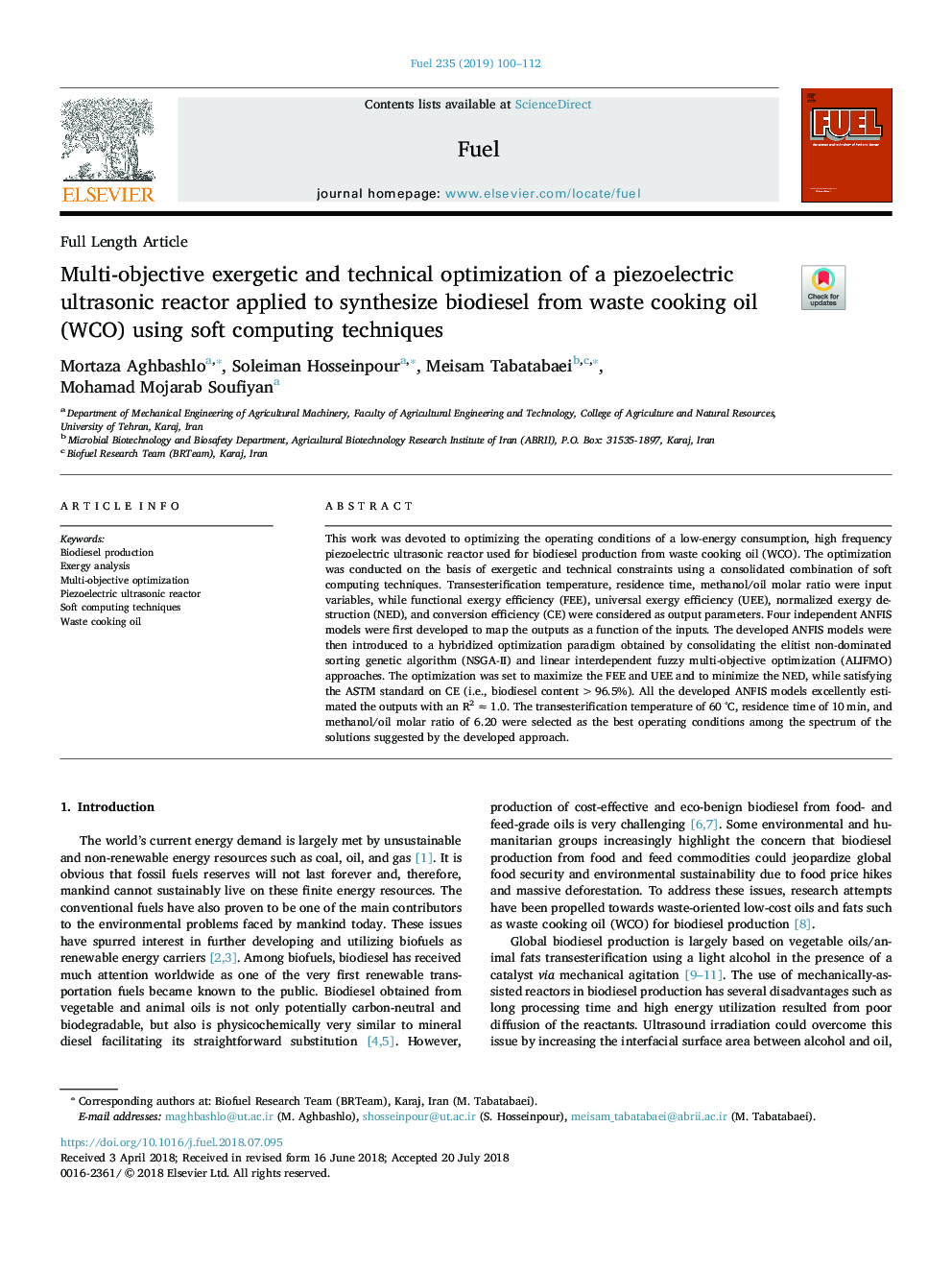 Multi-objective exergetic and technical optimization of a piezoelectric ultrasonic reactor applied to synthesize biodiesel from waste cooking oil (WCO) using soft computing techniques