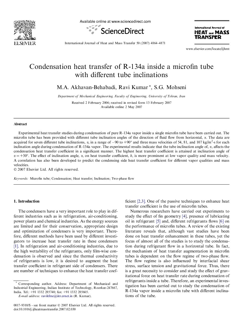 Condensation heat transfer of R-134a inside a microfin tube with different tube inclinations