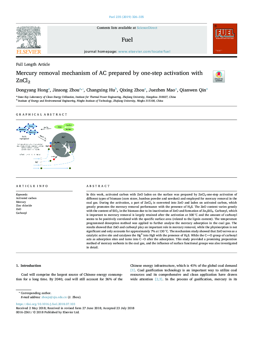 Mercury removal mechanism of AC prepared by one-step activation with ZnCl2