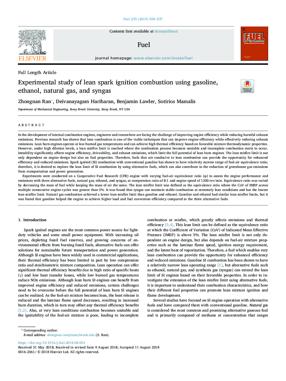 Experimental study of lean spark ignition combustion using gasoline, ethanol, natural gas, and syngas