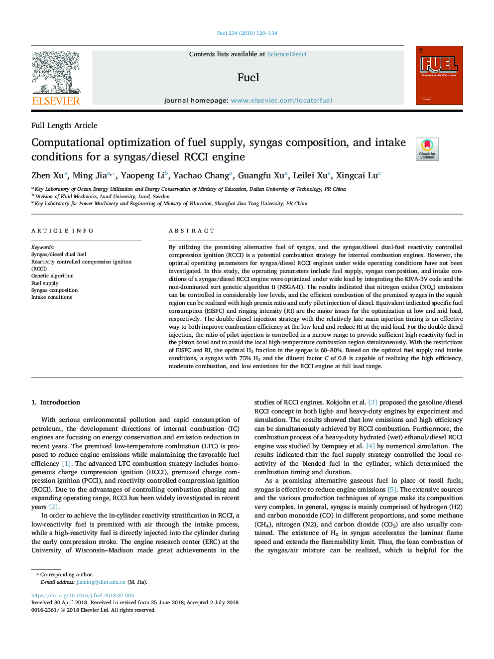 Computational optimization of fuel supply, syngas composition, and intake conditions for a syngas/diesel RCCI engine