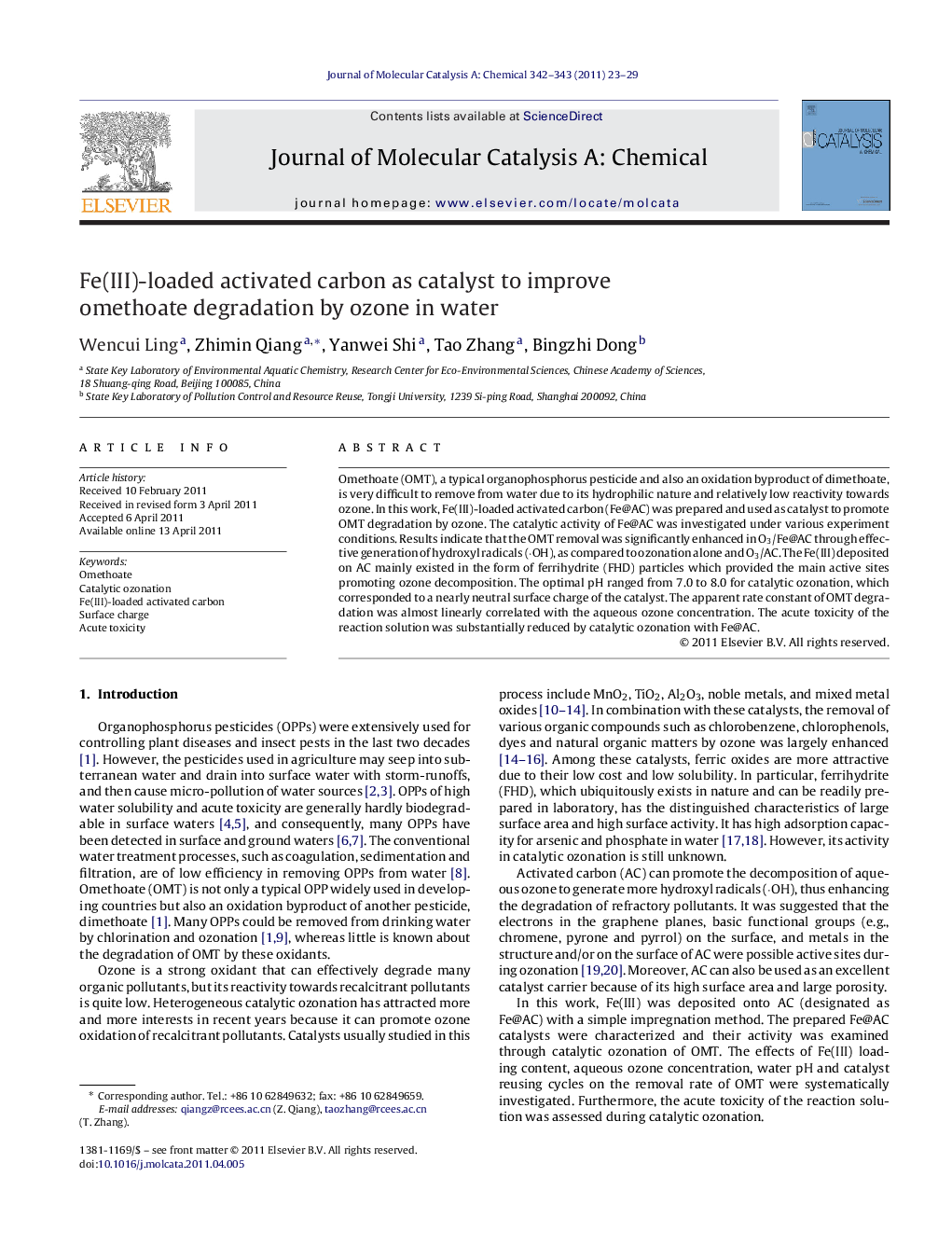 Fe(III)-loaded activated carbon as catalyst to improve omethoate degradation by ozone in water