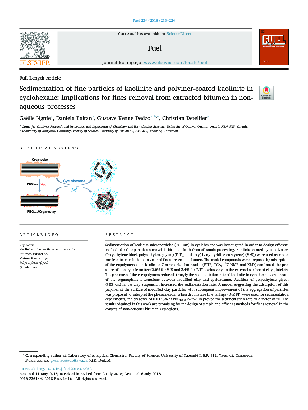 جداسازی ذرات ریز کائولینیت و کائولینیت پوشش داده شده با پلیمر در سیکلوهگزن: پیامدهای حذف جوش از قیر استخراج شده در فرایندهای غیر آبی 