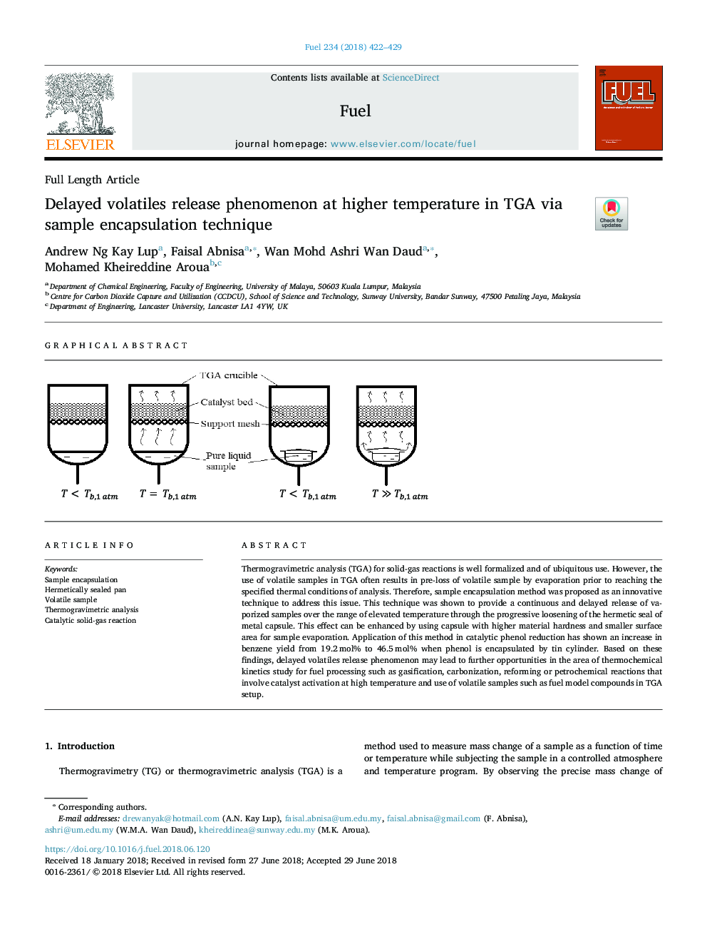 عکس صفحه اول مقاله: Delayed volatiles release phenomenon at higher temperature in TGA via sample encapsulation technique Delayed volatiles release phenomenon at higher temperature in TGA via sample encapsulation technique