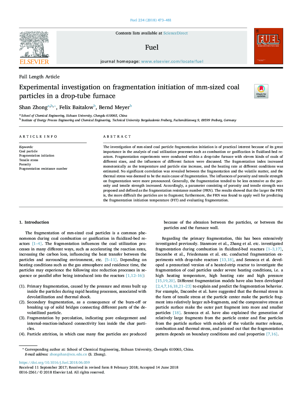 Experimental investigation on fragmentation initiation of mm-sized coal particles in a drop-tube furnace