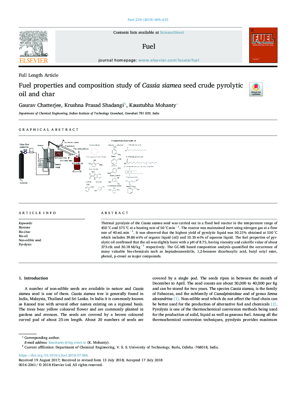 Fuel properties and composition study of Cassia siamea seed crude pyrolytic oil and char